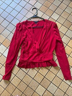 Banana Republic Red Long-Sleeve Wrap Peplum Blouse